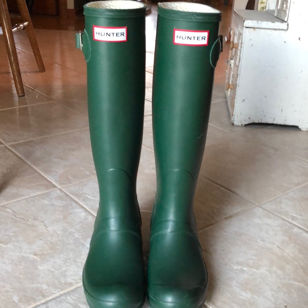 Tall matte green Hunter boots